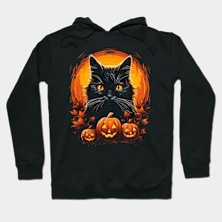 Retro Vintage Style Halloween Black Cat, Pumpkin Orange Moon Hoodie